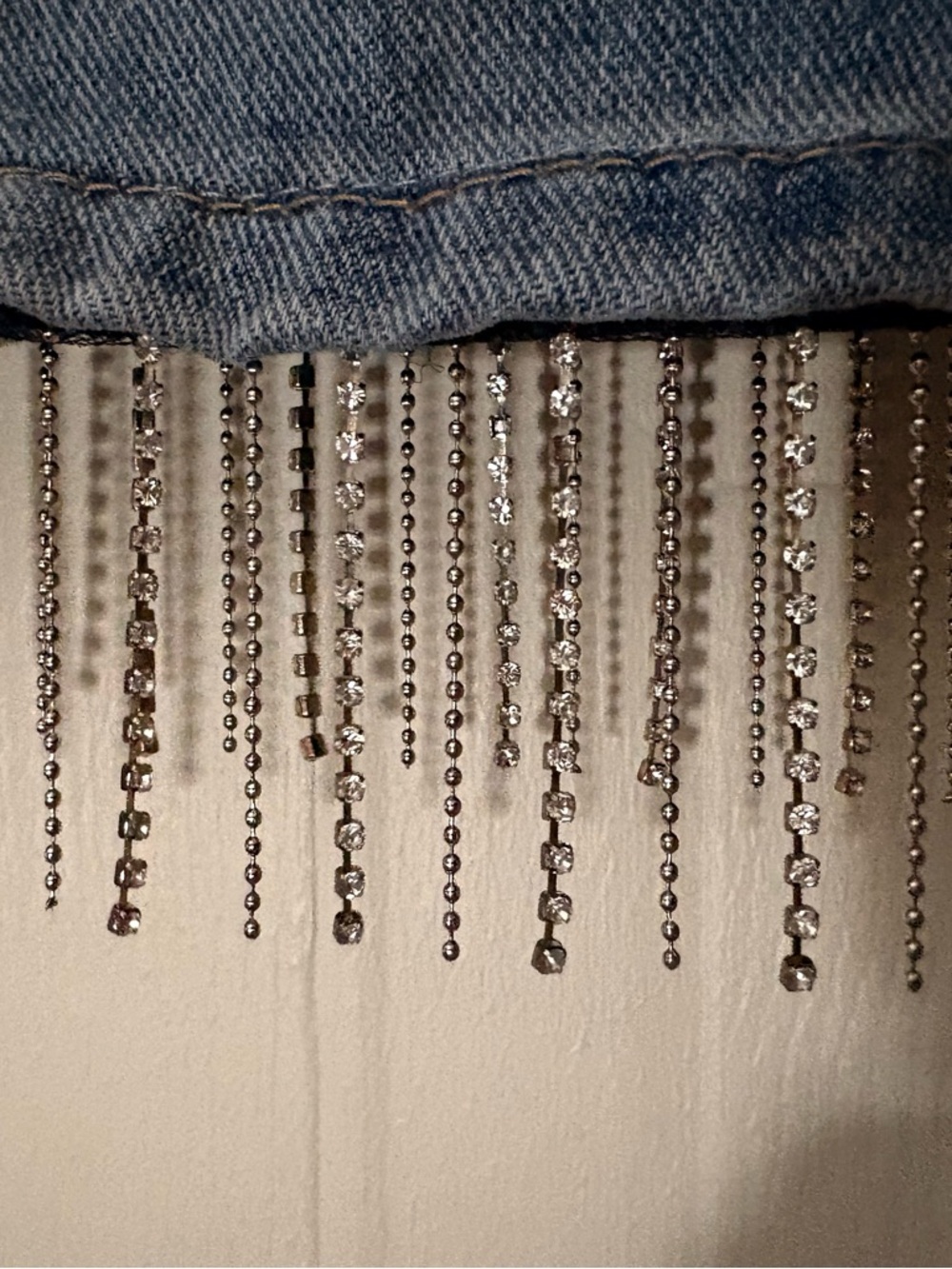 Sincerely Jules Light Blue Denim Mini Skirt with Rhinestone Fringe - Picture 3 of 4
